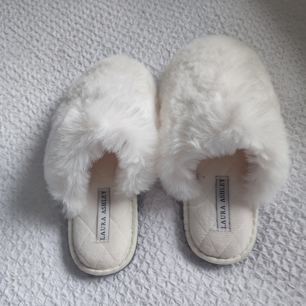 Laura Ashley Cream Plush Slippers